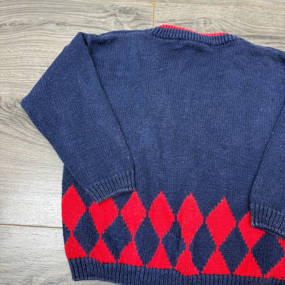 Vintage Kids Navy Argyle Knit Cardigan Red Trim Bon Voyage Crest Patch Size 4 - Picture 12 of 14